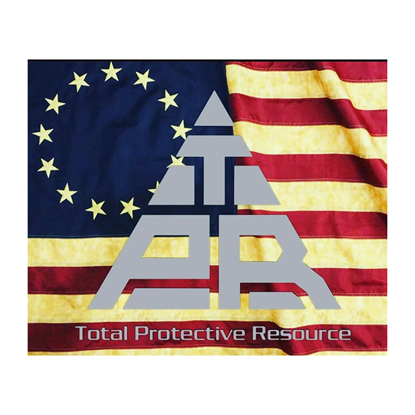 A faded U.S. flag with a circular star pattern is overlaid by a large gray Vendor 6 logo and the words "Total Protective Resource.